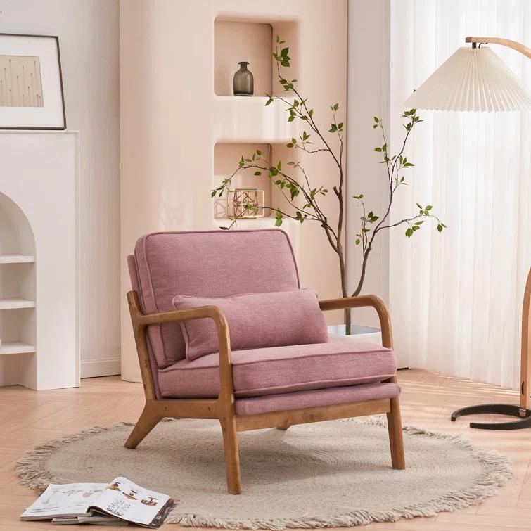 George Oliver Lemley Mid Century Solid Wood Accent Chair Upholstered Armchair with an Extra Pillow