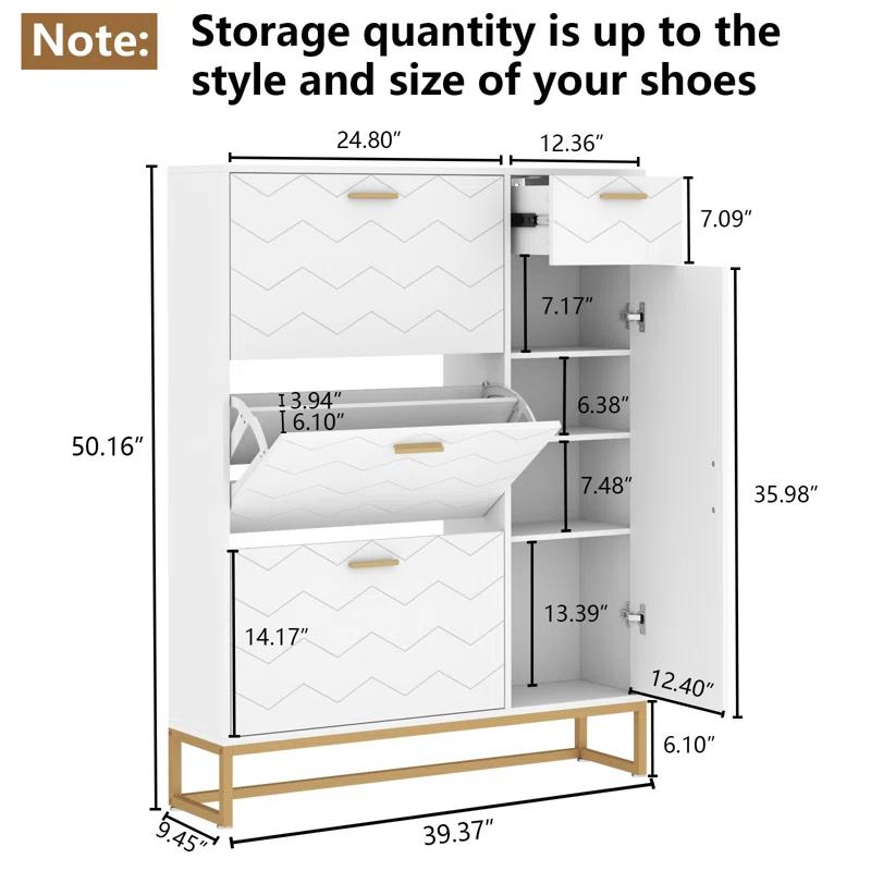 Everly Quinn Shoe Storage Cabinet, Free Standing Shoe Organizer with 3 Flip Drawers and Side Cabinet