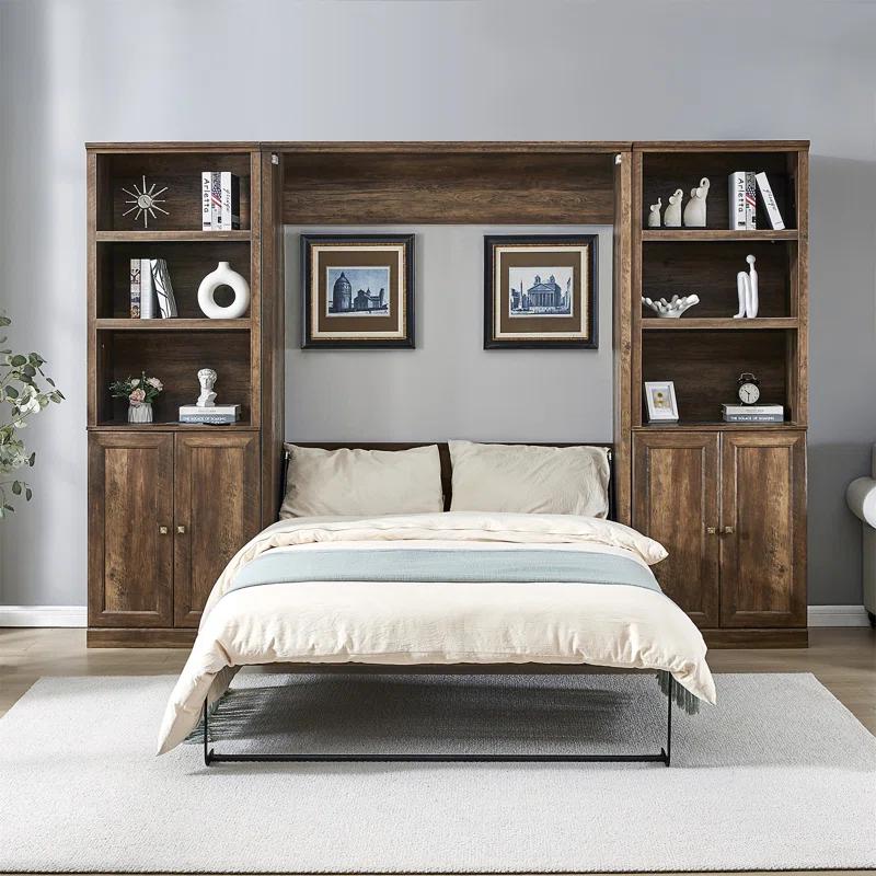 LOONGFIELD Full Size Half Self-Close And Open Murphy Bed With 2 Side Cabinet Storage Shelf, Cabinet Space-Saving Bed Perfect For Guest Room, Bed Room, Guest Room, Home Office
