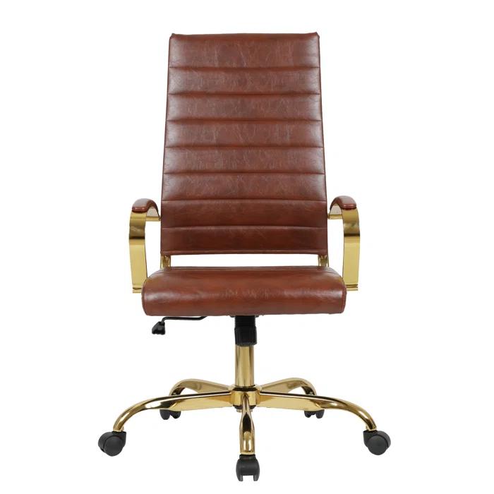 Everly Quinn Humairaa Leather Office Chair – Executive Task Chair with Swivel, Adjustable Height & Gold Base for Home Office or Conference Room