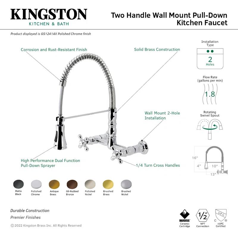Kingston Brass GS1245AX Kingston Brass Heritage Double-Handle 2-Hole Wall-Mount Pre-Rinse Bridge Kitchen Faucet