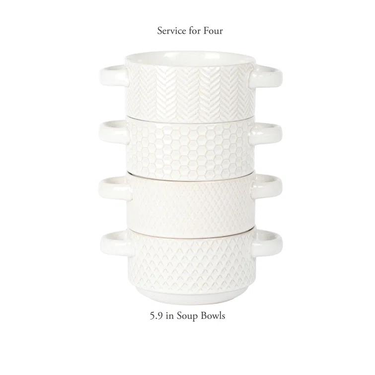 Gibson Elite Gibson Elite Oyster Tide Embossed 6 Inch Soup Bowls with Handles. French Onion Soup Crocks, Stackable Soup Bowl, Chili, Beef Stew Reactive Glaze  Stackable Ceramic Bowl, Set of 4, White