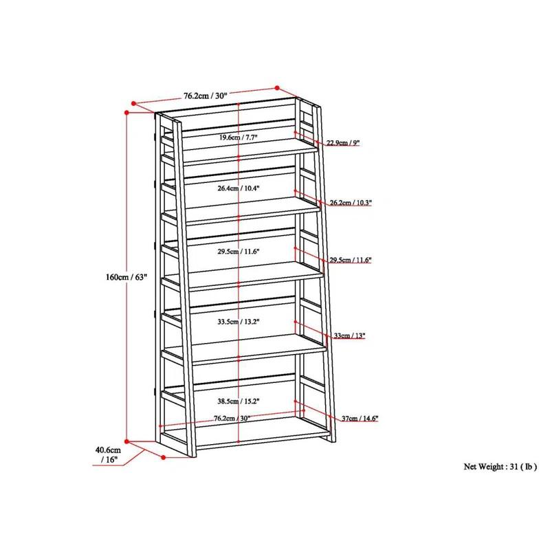 Simpli Home Acadian 30"W Solid Wood 5 Shelf Ladder Bookcase with Open Shelves