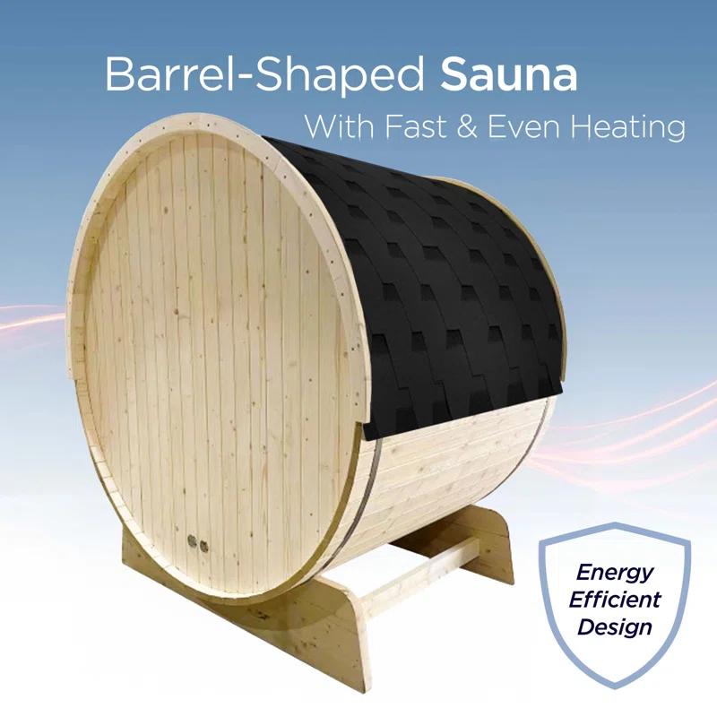ALEKO Outdoor and Indoor White Pine Barrel Sauna - 3-4 Person - 4.5 kW UL Certified Heater - Bitumen Shingle Roofing