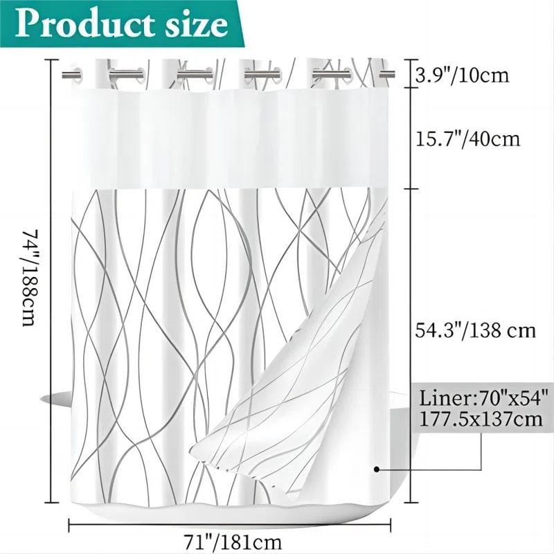 Ivy Bronx No Hook Grey White Striped Shower Curtain With Snap In Fabric Liner Set - Hotel Liner Set With See Through Mesh Top Window,Machine Washable, 71X74 INCH