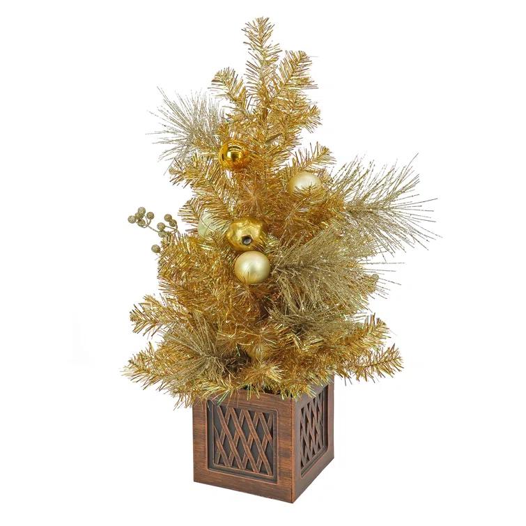 The Holiday Aisle® 36" Merry Christmas Decorated Gold Table Top Tree, 35 Warm White LED Lights