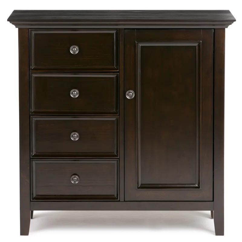 Simpli Home Amherst 32"W Solid Wood 2-Shelf Low Storage Cabinet with Adjustable Shelves and Tapered Legs