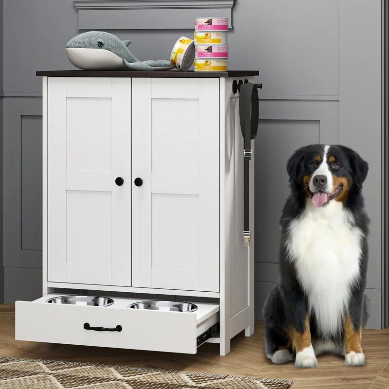 Awevsco Dog Feeding Station, Dog Food Storage Cabinet With Hidden Dog Bowls, Adjustable Panel, Hooks, For Medium Sized Dogs, White
