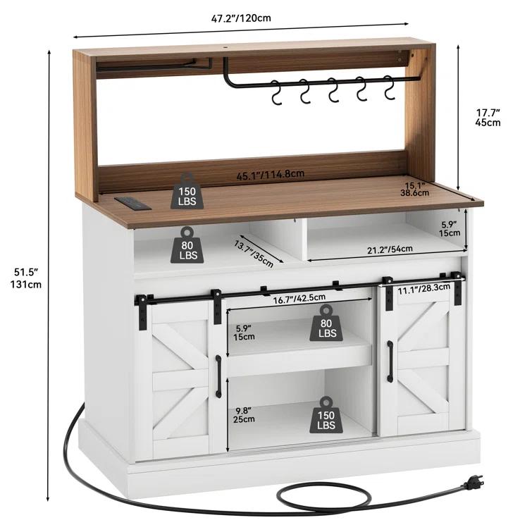 Gracie Oaks Gracie Oaks Farmhouse Coffee Bar Cabinet with Power Outlets, Goblet Holder & Sliding Barn Doors