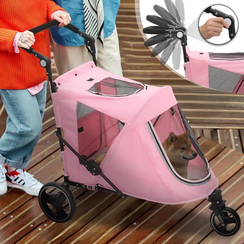 MoNiBloom Folding 3 Wheel Pet Stroller, Foldable Dog Jogger Stroller with Adjustable Handlebar and Mesh Window