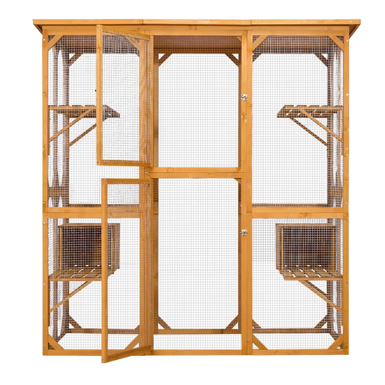 Gracie Oaks Outdoor Cat Enclosure with Roof 72" Height Cat Wooden House Large Cat Catio