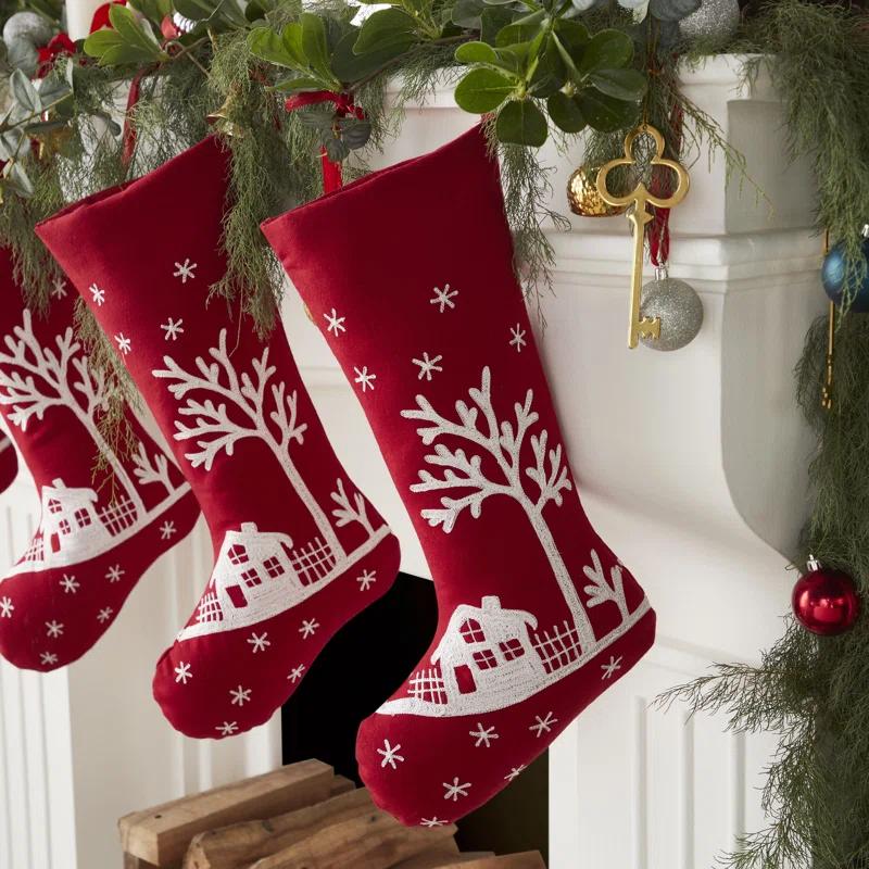 Arcadia Home Handmade Christmas Stocking - Snowy Village Embroidered Scene on Red