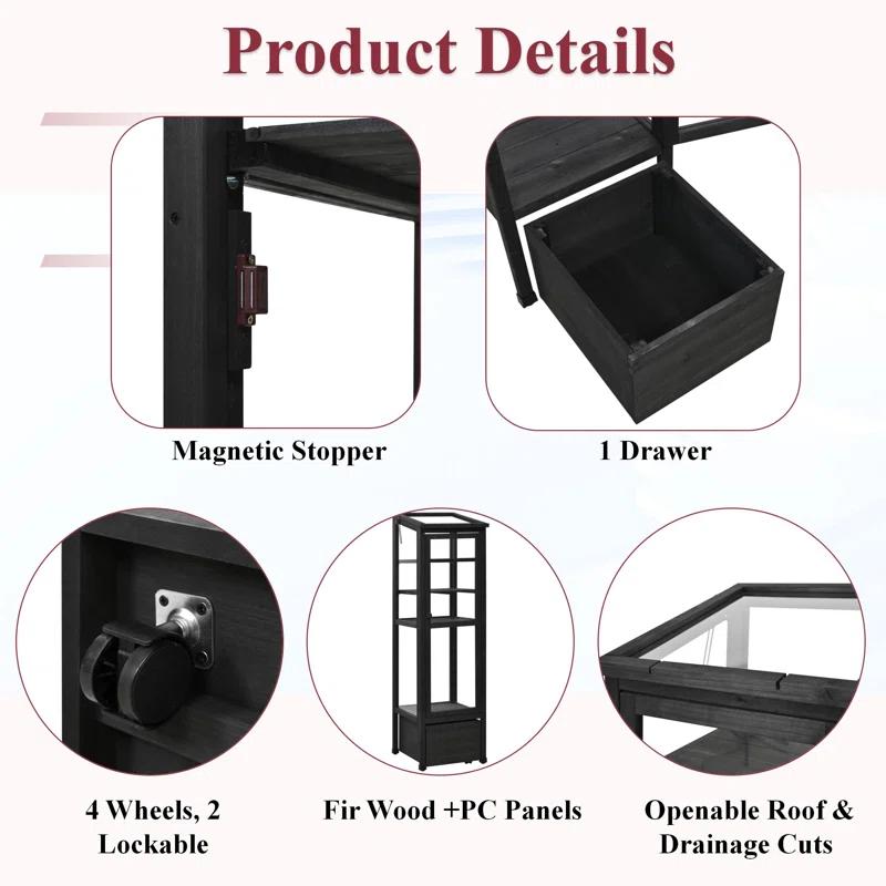 mosaicmotifco Wood Garden Greenhouse Balcony Portable Mini Cold Frame With Movable Storage Box, Adjustable Shelves And 1 Drawer