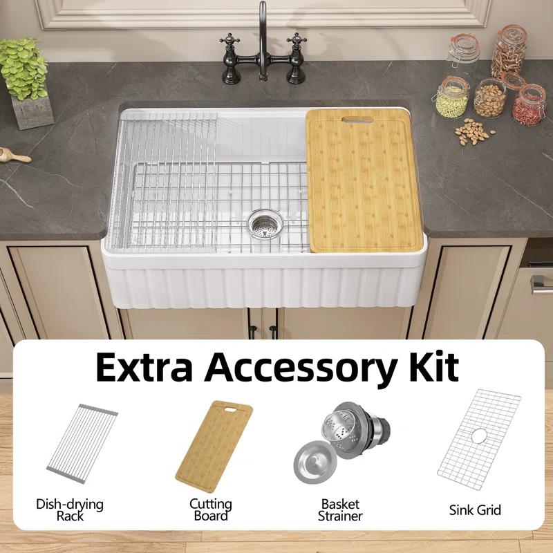 Pure 33 in. Workstation White Kitchen Sink Apron Front Fireclay Farmhouse Sink Single Bowl with Accessory Kit