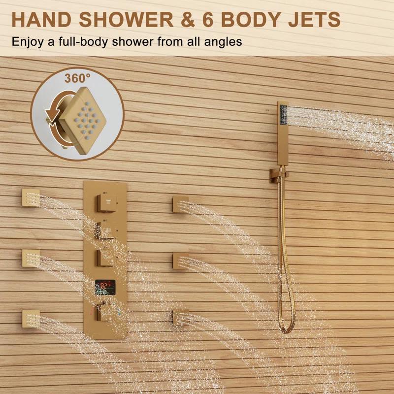 CASAINC KCHS0017-12BG 12 Inch Rainfall Thermostatic Shower System with Body Spray and Temperature Display