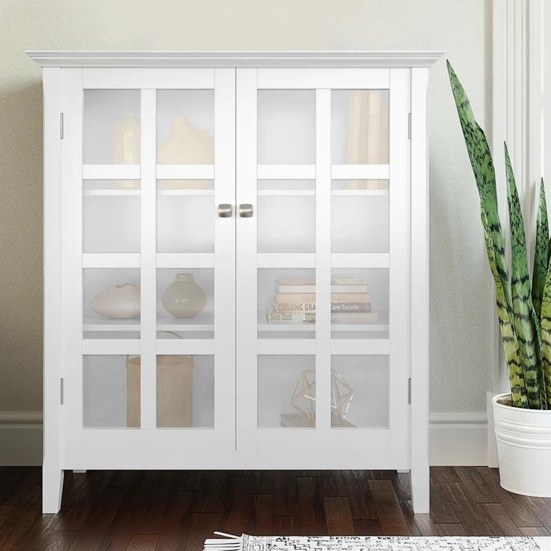 Simpli Home Acadian 39"W Solid Wood 4-Shelf Medium Storage Cabinet with Glass Doors and Adjustable Shelves