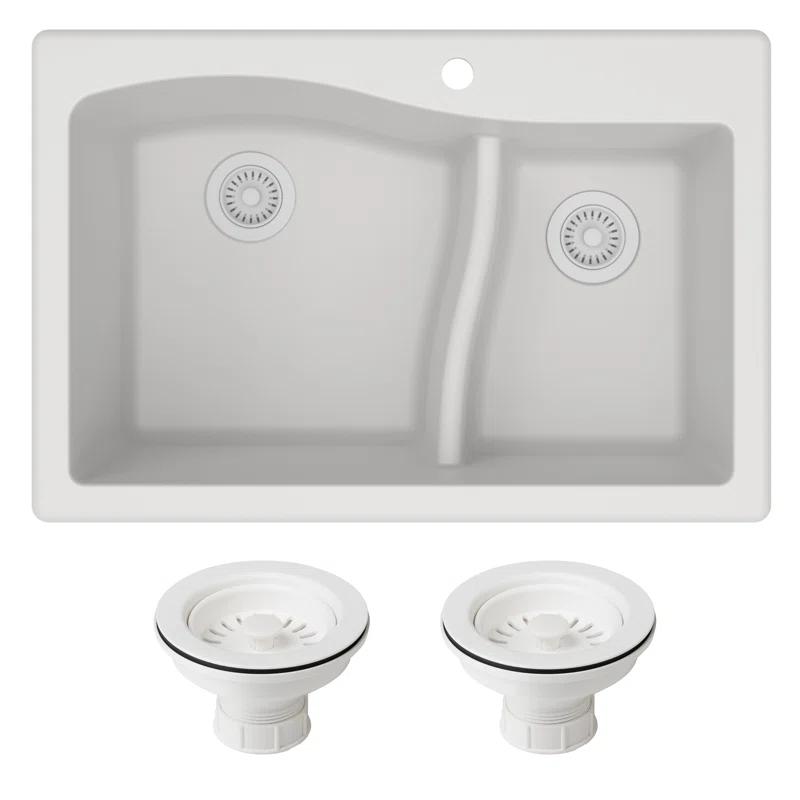 Kraus KRAUS Quarza™ 33" L Dual Mount 60/40 Double Bowl Granite Kitchen Sink and Strainers KGD-442WHITE-PST1-WH