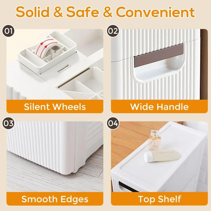 Rebrilliant Slim Plastic Rolling Storage Cabinet With 4 Drawers For Bathroom, Kitchen, Laundry - White