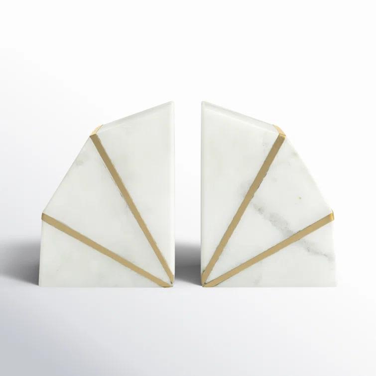 Willa Arlo™ Interiors Marble Bookends Contemporary White and Gold Accent Decorative Bookends Book Display (Set of 2)