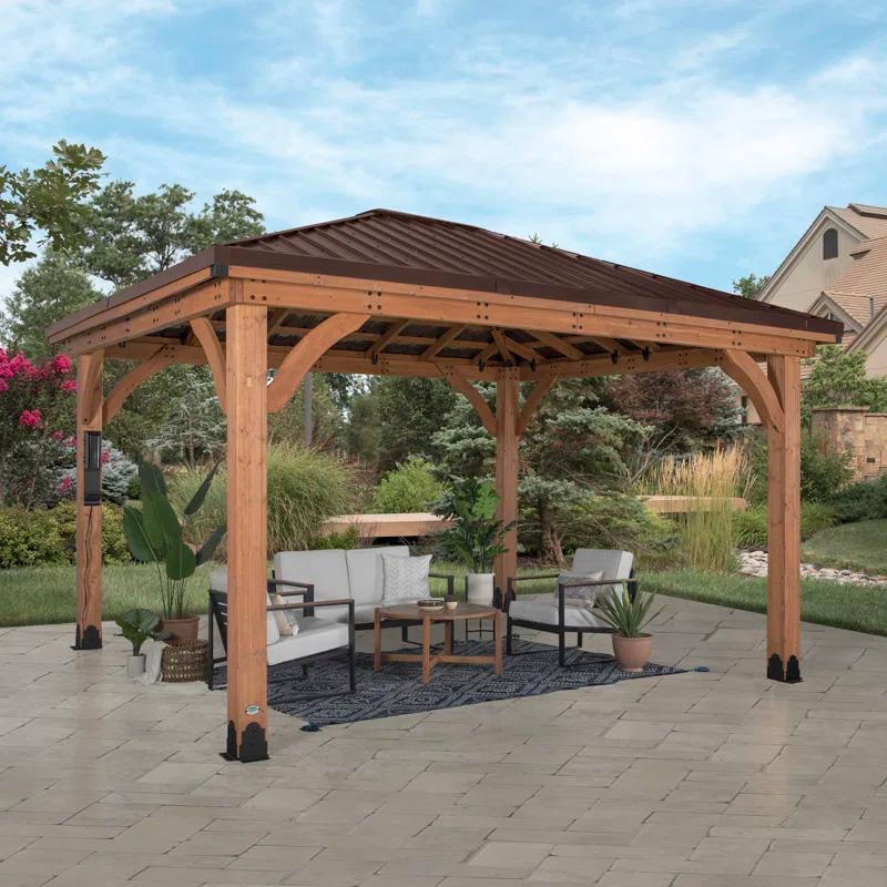 Backyard Discovery Backyard Discovery Barrington 14' x 12' Cedar Wood Outdoor Patio Gazebo with Hardtop Galvanized Steel Hip Roof and PowerPort