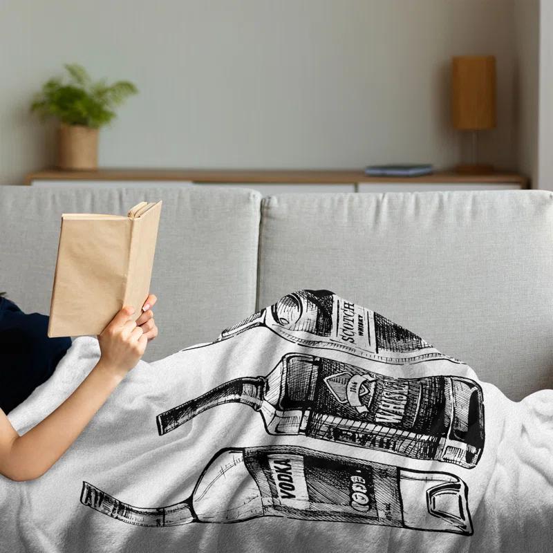 Ambesonne Ambesonne Alcohol Fleece Throw Blanket Ink Drawing Beverages Black and White