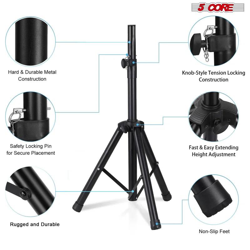 Inbox Zero 5 Core Speaker Stand Tripod Heavy Duty Adjustable Up to 72 Inch DJ Studio Monitor Stands Pole Mount