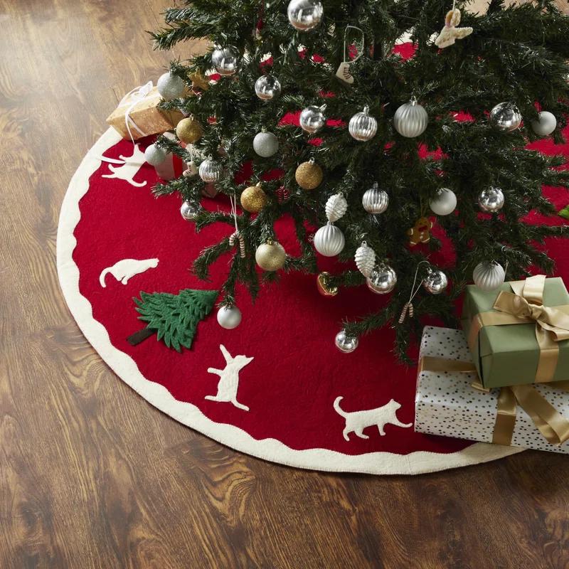 Arcadia Home Cats & Green Trees Hand-Felted Christmas Tree Skirt - 60"