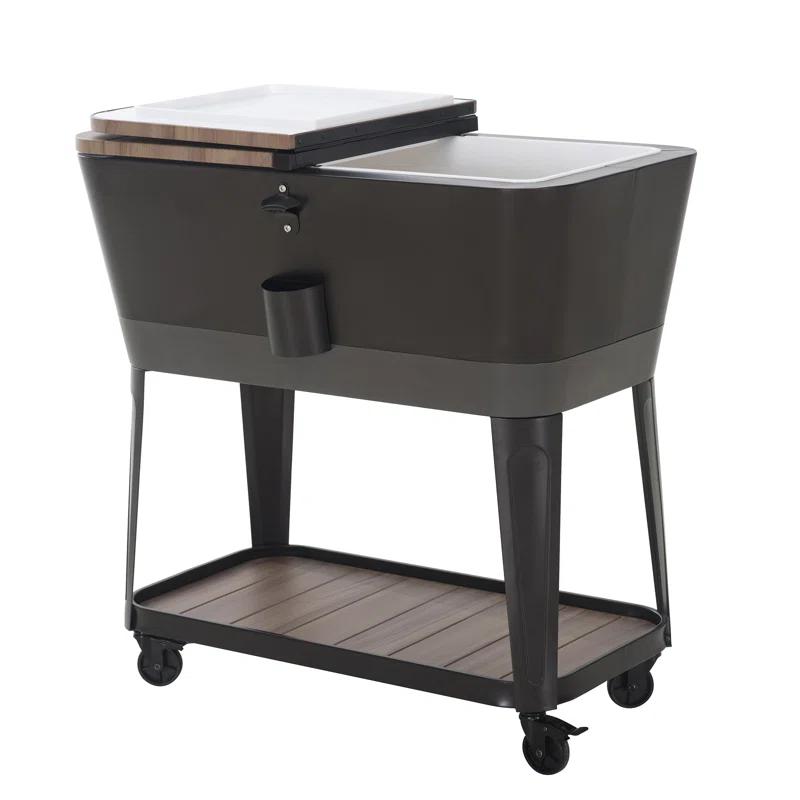Sunjoy Durant 80-Quart Wood Grain Finish Metal Rolling Ice Chest Cooler Cart with Storage Shelf, Steel Bottle Opener, and Lockable Wheels
