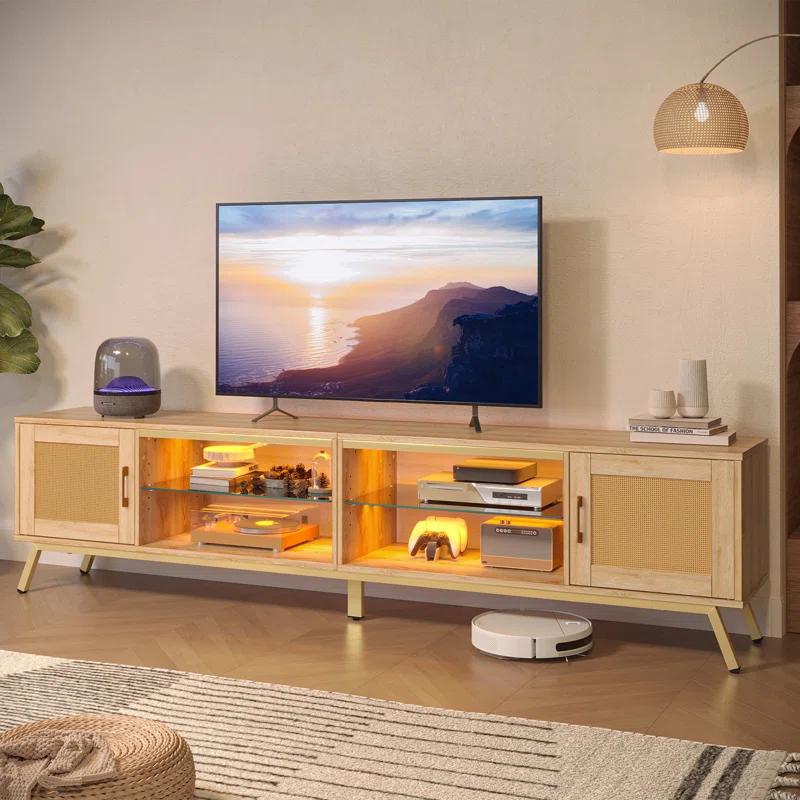 Bay Isle Home™ Alwies 80 inch TV Stand for TVs up to 85", Combinable Entertainment Center with LED Light and Adjustable Shelves, 4-1 Rattan TV console