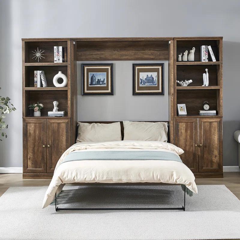 LOONGFIELD Full Size Half Self-Close And Open Murphy Bed With 2 Side Cabinet Storage Shelf, Cabinet Space-Saving Bed Perfect For Guest Room, Bed Room, Guest Room, Home Office