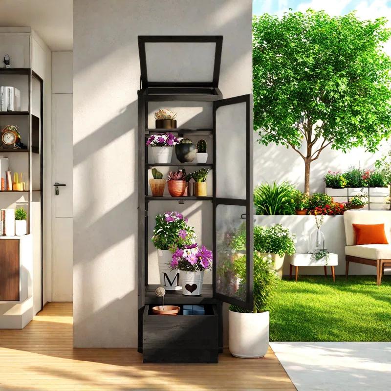 mosaicmotifco Wood Garden Greenhouse Balcony Portable Mini Cold Frame With Movable Storage Box, Adjustable Shelves And 1 Drawer