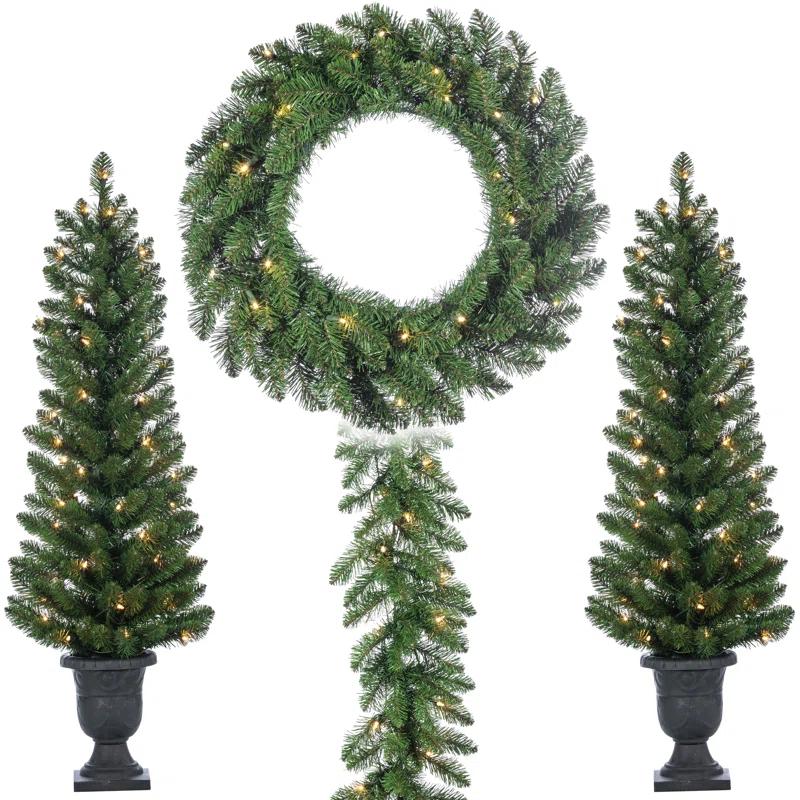 Complete 4 Piece Vancouver Pine Holiday Decor Set With Warm White LED Lights