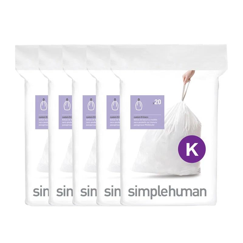 simplehuman simplehuman Code K Genuine Custom Fit Drawstring Trash Bags Dispenser Packs, 100 Count (Set of 5)