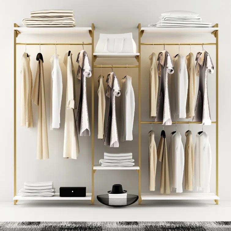 Rebrilliant Oloran Gold Wall Mount Clothes Rack with 4 Hanging Rods, Clothing Rack with 6-Tier Adjustable Shelves