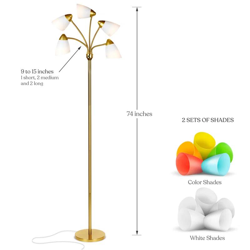 Brightech Medusa 74 in. Modern 5-Light Height Adjustable Gooseneck LED Floor Lamp with 5 Cone Shades