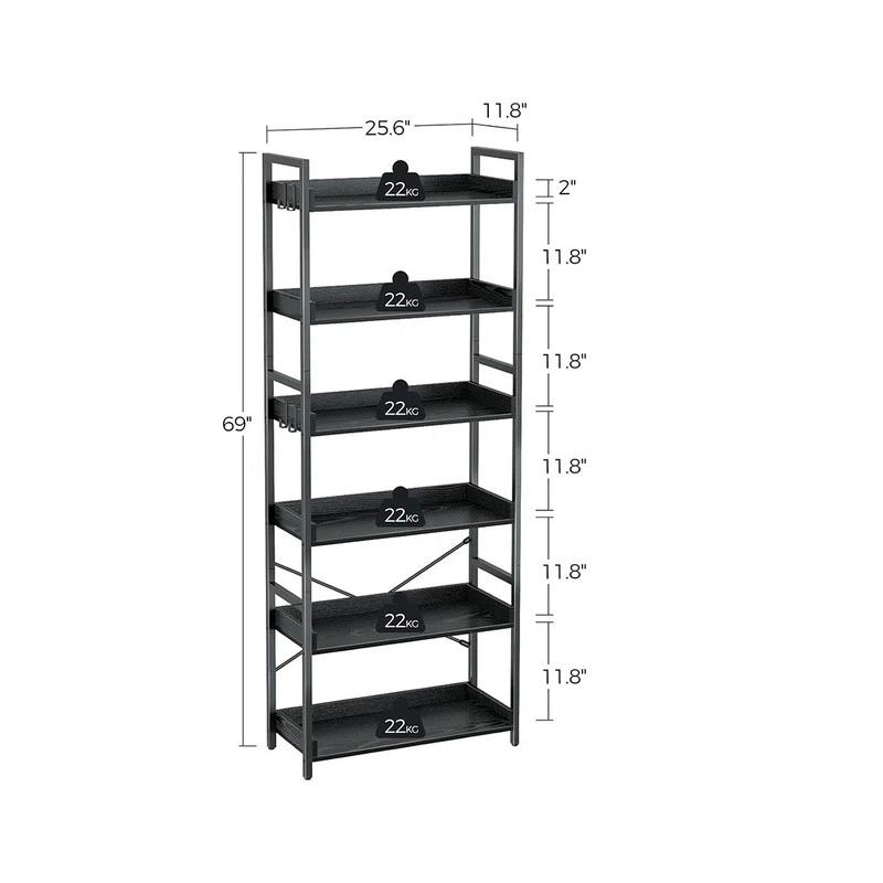 Bookshelf 6 Tier with 4 Hooks, Industrial Bookcase, Vintage Storage Rack with Open Shelves