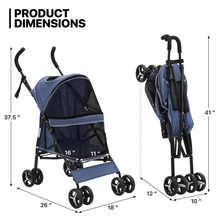 MoNiBloom 4 Wheel Folding Pet Stroller, Foldable Dog Jogger Stroller with Adjustable Canopy and Mesh Window