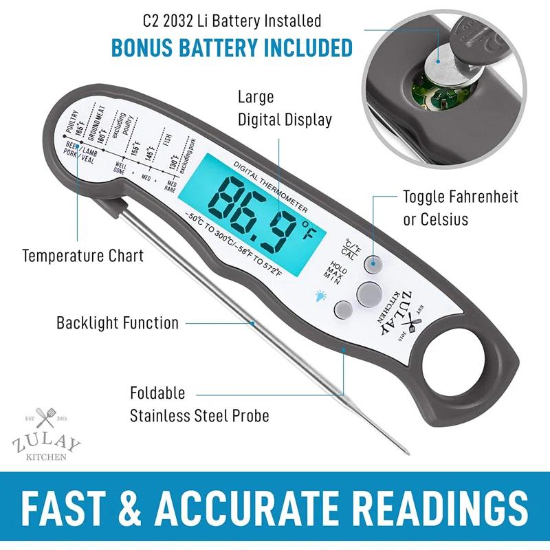Zulay Kitchen Zulay Kitchen Instant Read Food Thermometer Waterproof Digital Meat Thermometer w/ Backlight
