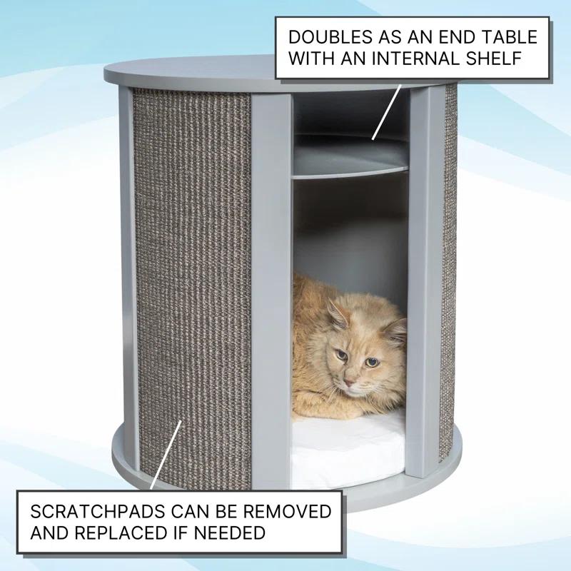 The Refined Feline Purrrrfect End Table Cat Bed - Wood Cat Furniture Nightstand, Replaceable Scratch Pad & Cushion