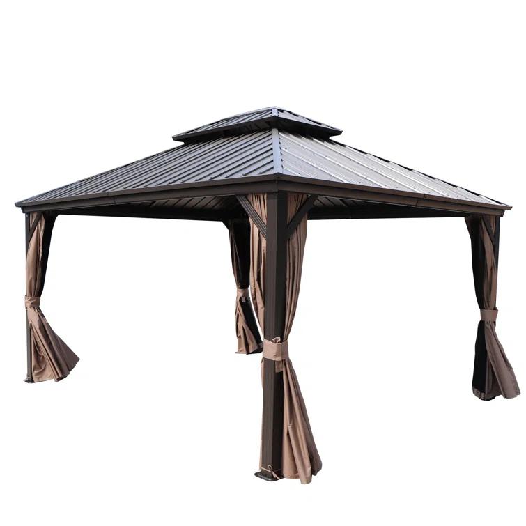 Kozyard Kozyard Caesar Gray Double Roof Hardtop Gazebo with Privacy Curtain and Mosquito Netting