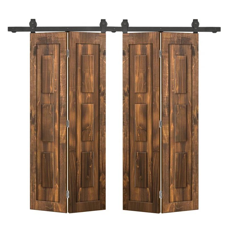 Calhome 3 Panel Shaker Pine Wood Double Bi-Fold Door with Sliding Barn Door Hardware Kit