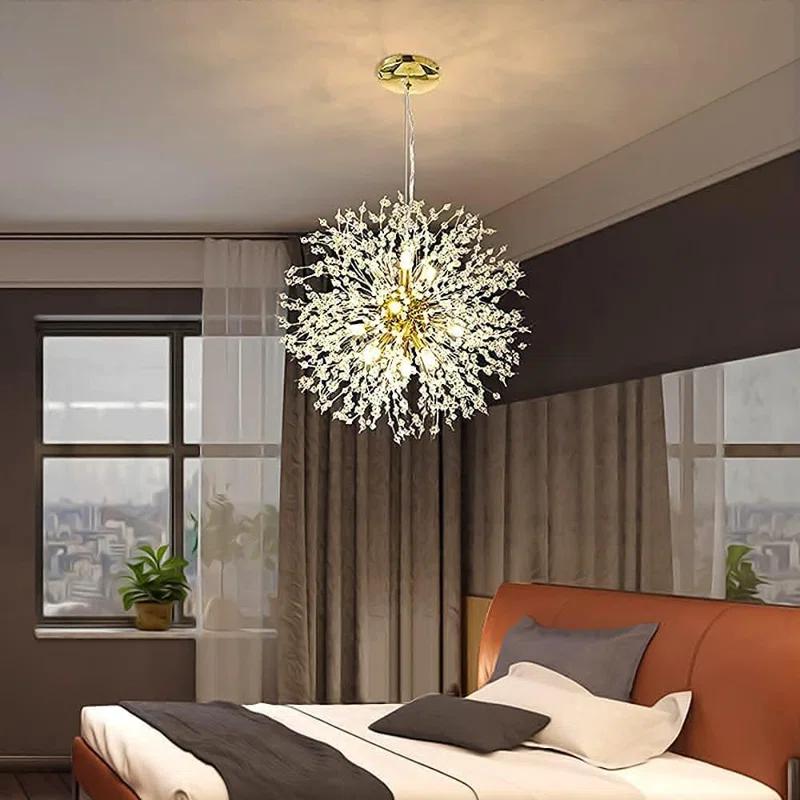 Mercer41 Modern Gold Crystal Chandelier With 12-Light Firework Design, Adjustable Dandelion Pendant Lighting For Dining Room, Living Room, Bedroom, Kitchen, And Hallway
