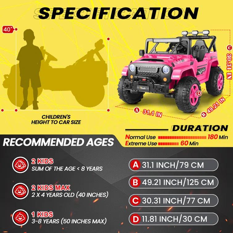 Ancheer Alex 24V 4WD//2WD Ride On Jeep Truck,2 Seater Kids UTV With 4X200w Powerful Engine,Remote Control,Bluetooth,20 Wide Seat,Vehicles for Kids Toddlers