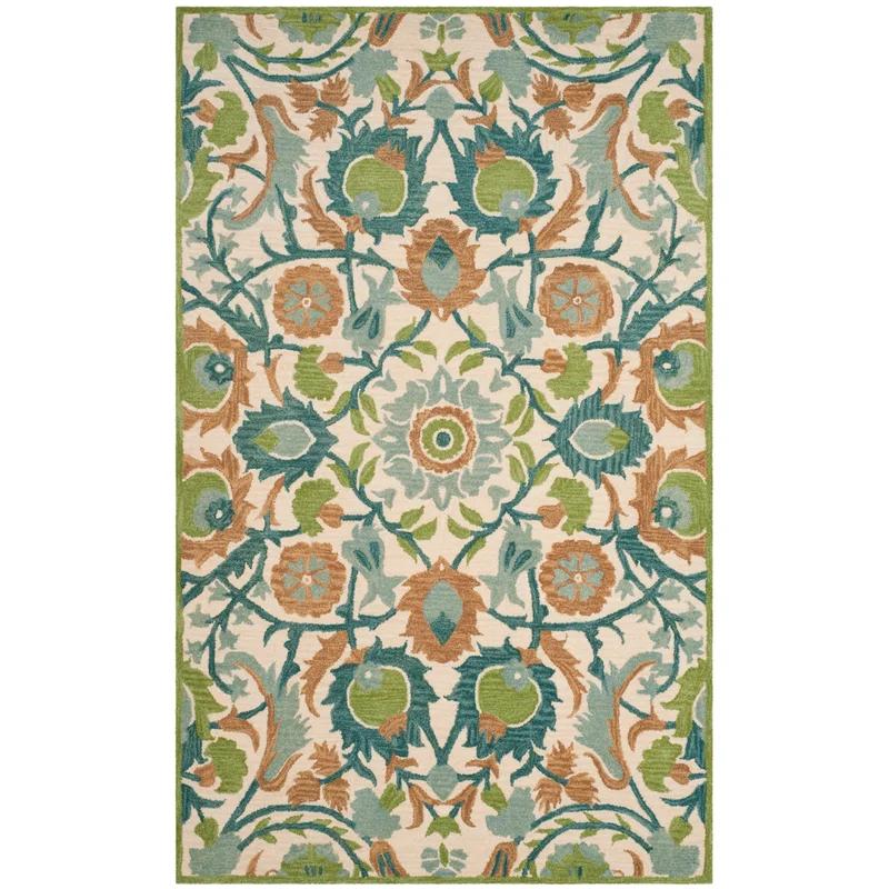 Ivory and Green Hand Tufted Wool Floral Rug