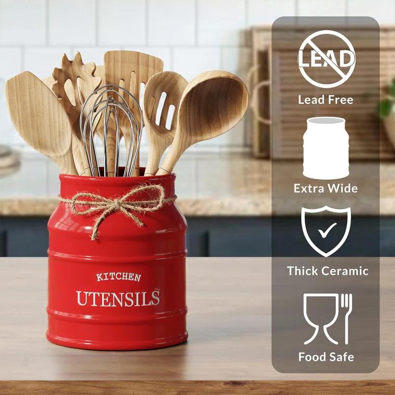 Anadea Ceramic Farmhouse Utensil Holder for Kitchen Counter, Large Rustic Utensil Crock