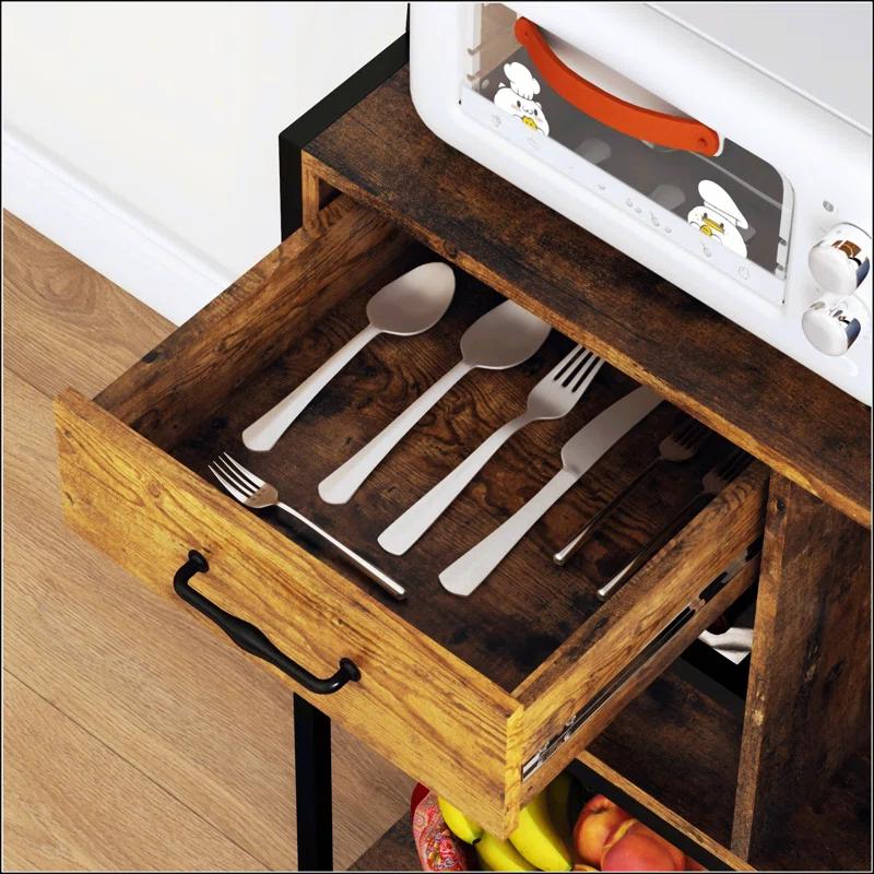 17 Stories Baker's Rack With Power Outlet And LED Lights Bar With Storage Shelves,Industrial Microwave Stand With Wine Bottle Rack,Drawer,Barn Door Cabinet