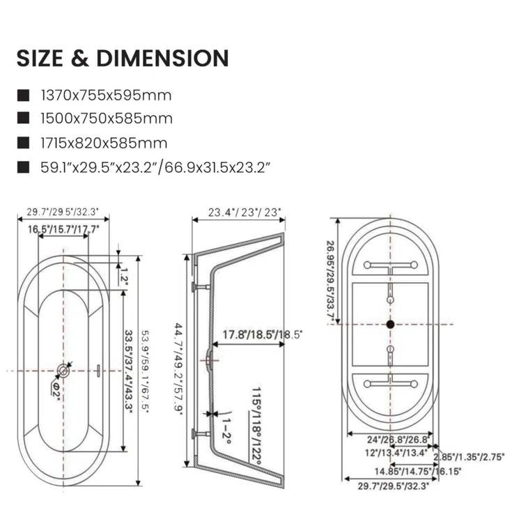 Iris 59" x 30" Freestanding Soaking Acrylic Bathtub