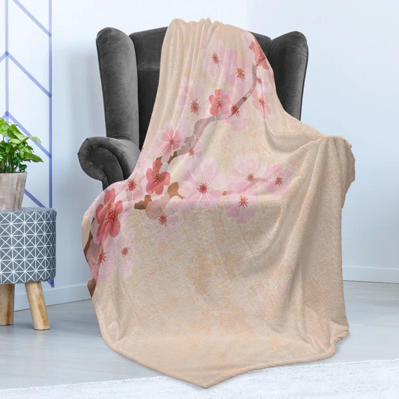 Ambesonne Ambesonne Japanese Fleece Throw Blanket Cherry Blossoms Sakura Soft Pink Beige Coral