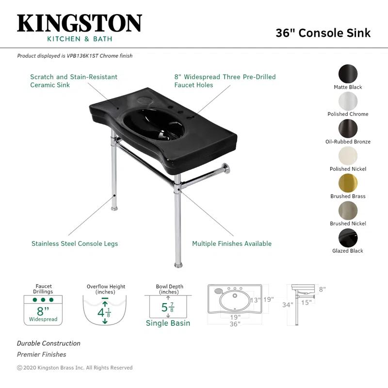 Kingston Brass Imperial 36-Inch Ceramic Console Sink Basin with Stainless Steel Legs (8-Inch, 3-Hole)