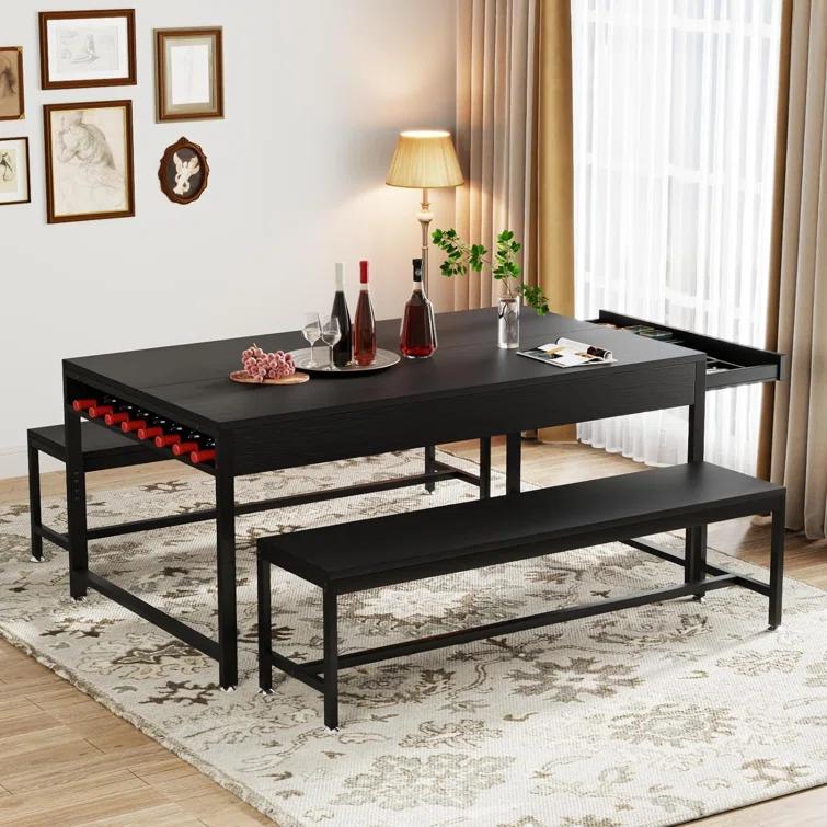 17 Stories Zubie 63"Dining Table Set for 4-6, 3-Piece Kitchen Table with 2 Utensil Drawers,2 Benches&Wine Rack